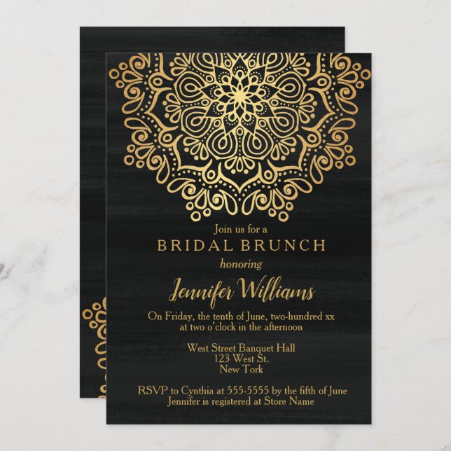 Invitation Luxueux Faux Gold Mandala Black Bridal Brunch (Devant / Derrière)