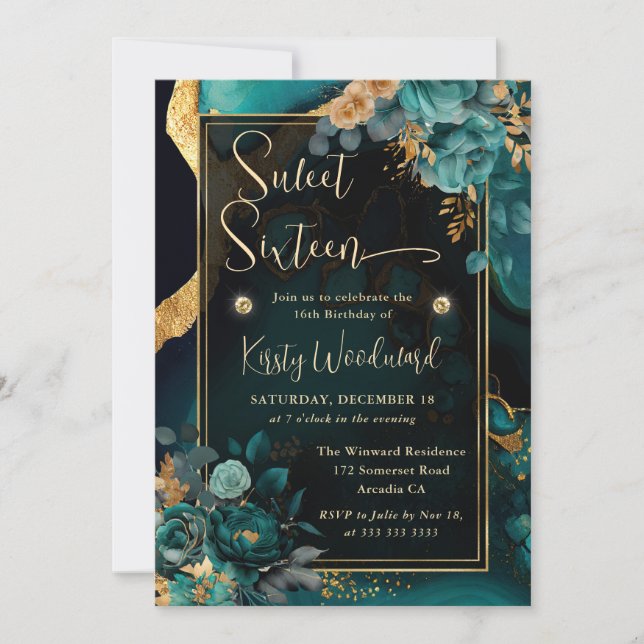 Invitation Luxueux Fleurs de Teal et Or Agate Sweet Seize (Devant)