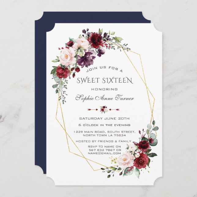 Invitation Luxueux floral rose Bourgogne or Sweet Sixteen (Devant / Derrière)