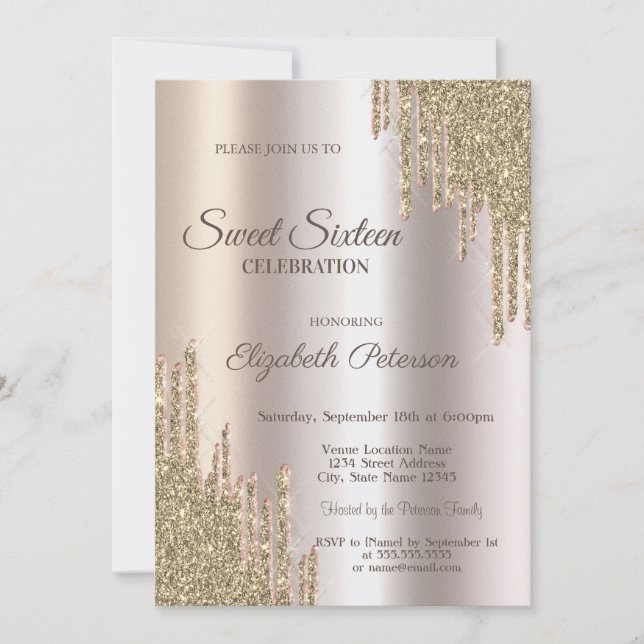Invitation Luxueux Glitter Drips Or Moderne Sweet 16 (Devant)