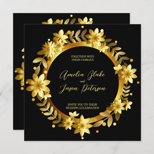 Invitation Luxueux Gold Laurel Feuille Frame Mariage (Devant / Derrière)