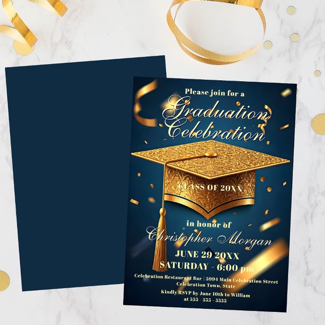 Invitation Luxueux Golden Graduation Cap avec Confetti (Créateur téléchargé)