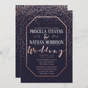 Invitation Luxueux Mariage bleu Rose Gold Confetti Navy
