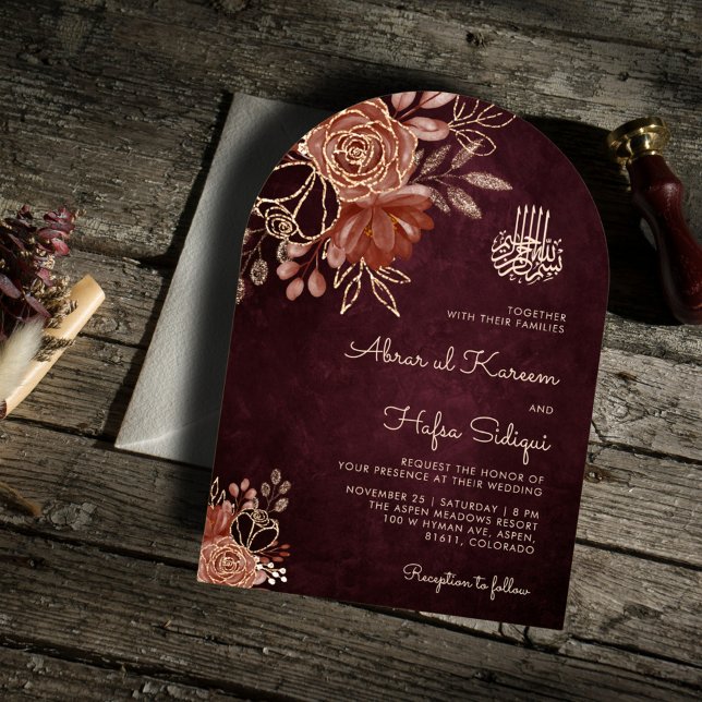 Invitation Luxueux Mariage d'arc islamique floral bordeaux (Créateur téléchargé)