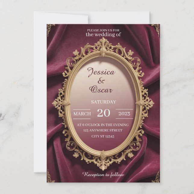 Invitation Luxueux Mariage de design baroque Bourgogne & Or (Devant)