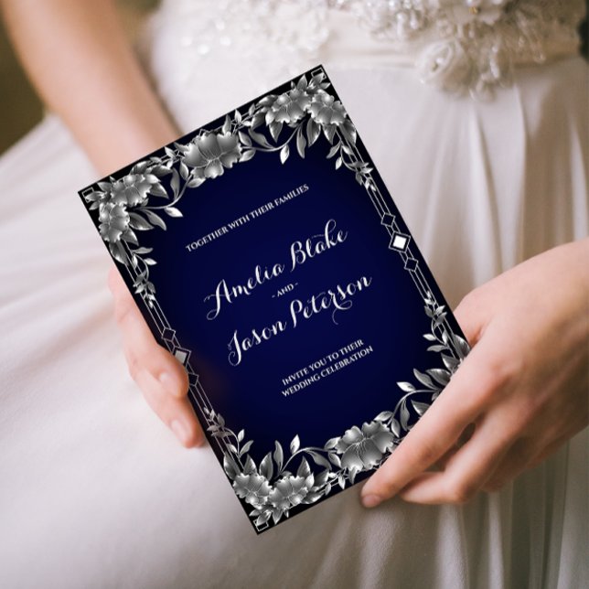 Invitation Luxueux Mariage de feuillage sculpté en argent (Créateur téléchargé)