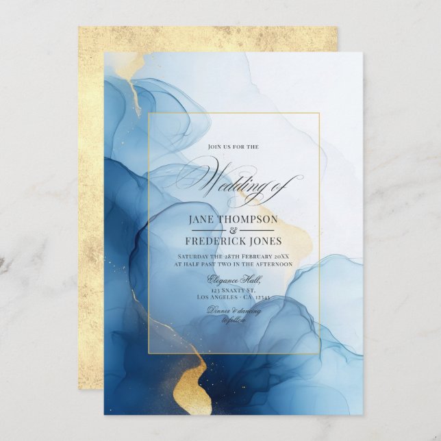 Invitation Luxueux Mariage d'encre bleue et dorée (Devant / Derrière)
