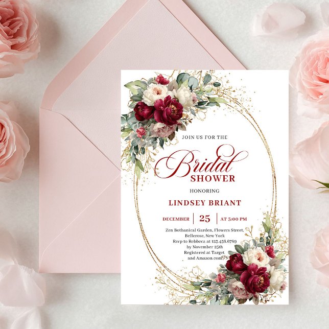 Invitation Luxueux Mariage Fleurs Blanches et Bourgogne  (Luxury Burgundy and White Floral Bridal Shower Invite)
