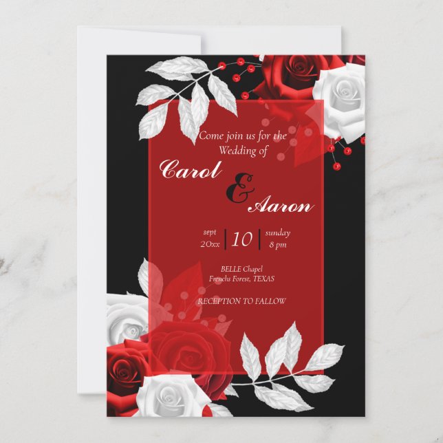 Invitation luxueux mariage floral noir, blanc et rouge (Devant)