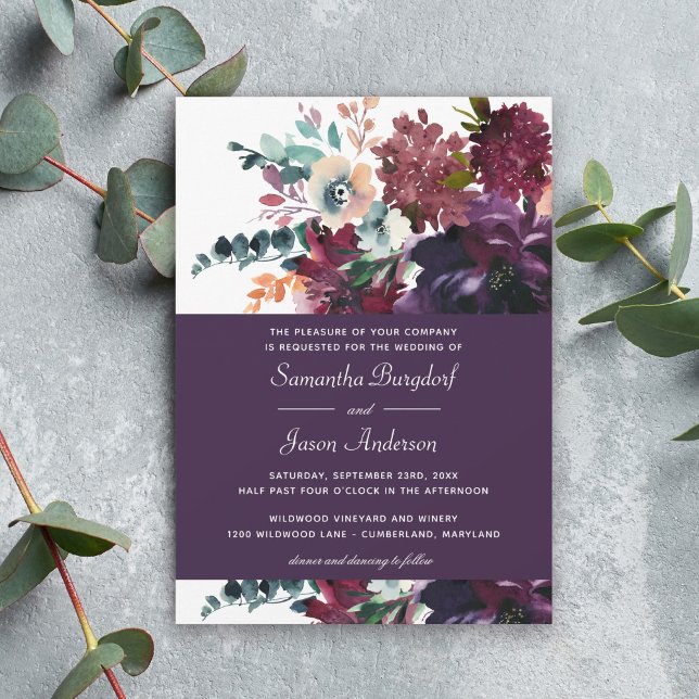 Invitation Luxueux Mariage floral violet aubergine (Available in both printed and instant download digital formats.)