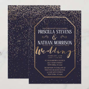 Invitation Luxueux Mariage Gold Confetti Marine Blue