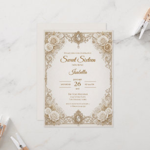 Invitation Luxueux Nœud en Dentelle d'Or Ivoire pour Sweet 16