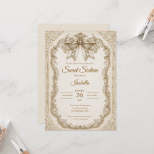 Invitation Luxueux Nœud en Dentelle d'Or Ivoire pour Sweet 16