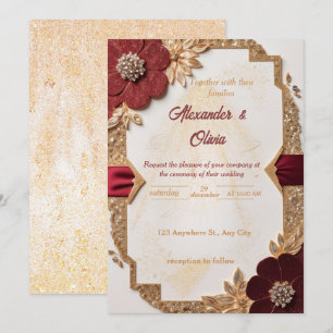 Invitation Luxueux or et Bourgogne Mariage floral Invitat