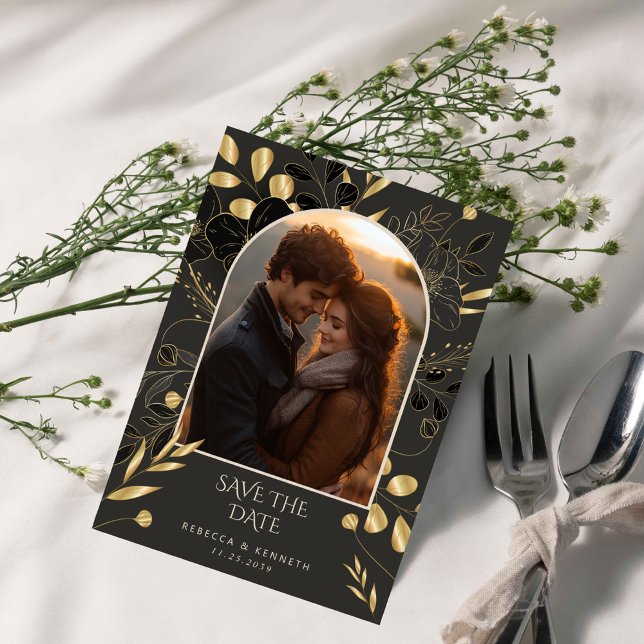 Invitation Luxueux Or Floral Chic Deux Photo Enregistrer La D (Créateur téléchargé)