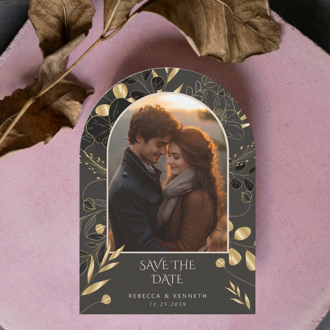 Invitation Luxueux Or Floral Deux Arches Photo Enregistrer La (Créateur téléchargé)