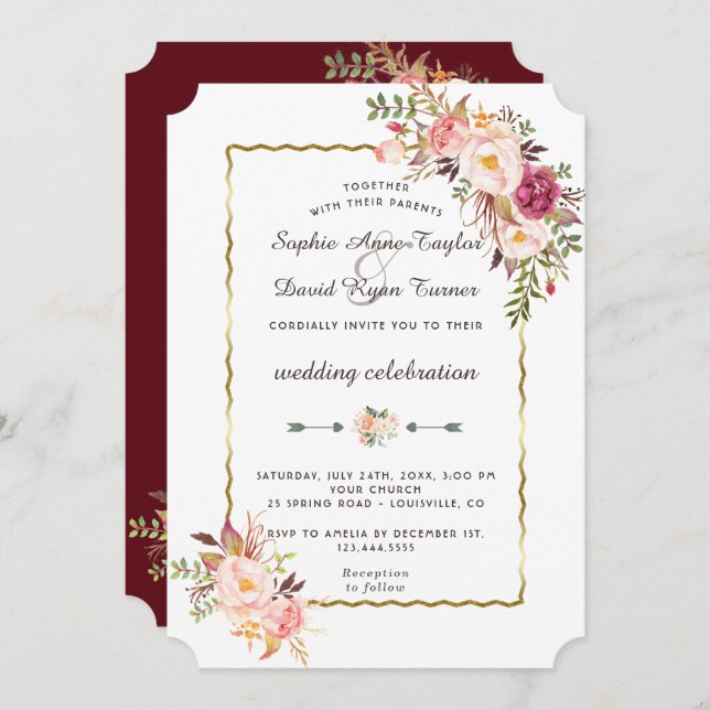 Invitation Luxueux or rose rose floral Mariage bordeaux (Devant / Derrière)