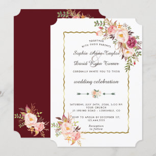 Invitation Luxueux or rose rose floral Mariage bordeaux