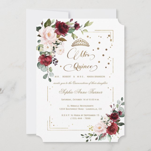 Invitation Luxueux paillettes dorées Floral Mis Quince Quince (Devant)