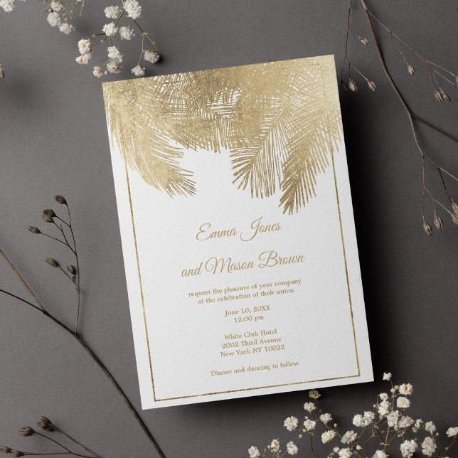 Invitation Luxueux palmier blanc or Mariage tropical (Luxury white gold palm tree tropical Wedding )