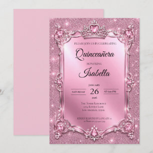 Invitation Luxueux Quinceañera Paillettes Roses Strass