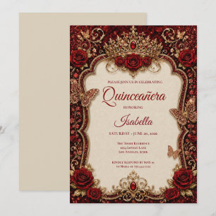Invitation Luxueux Quinceañera Princesse Rouge & Or
