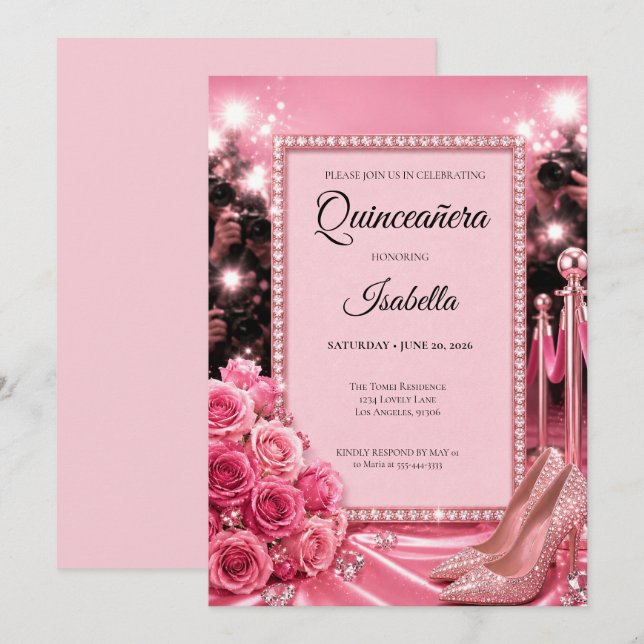 Invitation Luxueux Quinceañera Rose (Devant / Derrière)