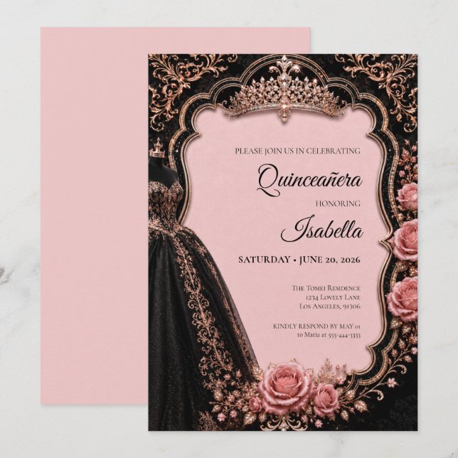 Invitation Luxueux Quinceañera Rose (Devant / Derrière)
