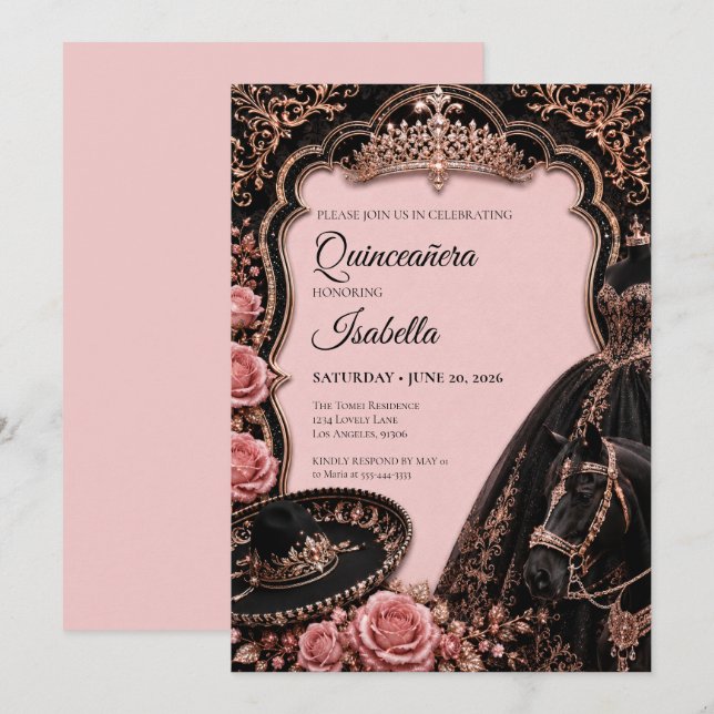 Invitation Luxueux Quinceañera Rose (Devant / Derrière)