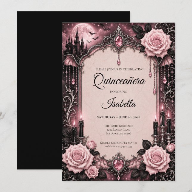 Invitation Luxueux Quinceañera Rose (Devant / Derrière)