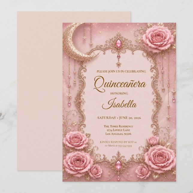 Invitation Luxueux Quinceañera Rose (Devant / Derrière)