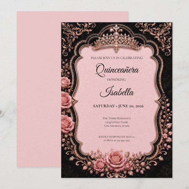 Invitation Luxueux Quinceañera Rose (Devant / Derrière)
