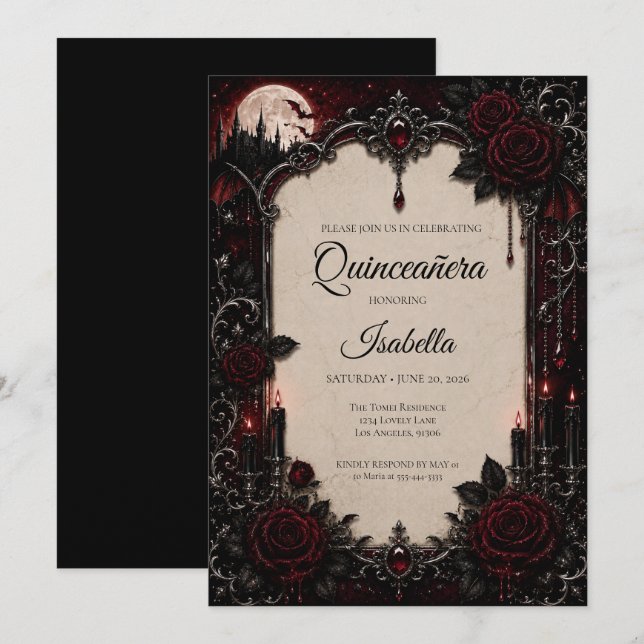 Invitation Luxueux Quinceañera Rouge & Noir (Devant / Derrière)