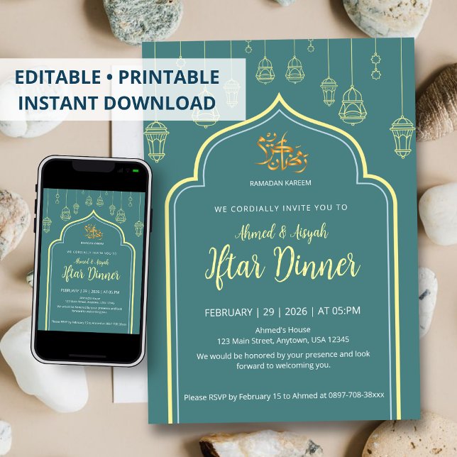 Invitation Luxueux Ramadan Iftar Arc Sombre Turquoise & Or (Créateur téléchargé)