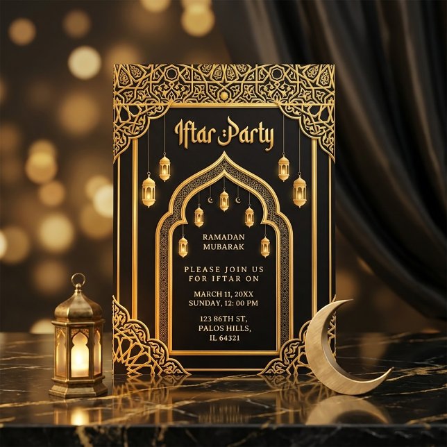Invitation Luxueux Ramadan Iftar Or Noir et Doré  (#RamadanInvitation
#IftarParty
#RamadanIftar
#LuxuryInvitation
#IslamicDesign
#RamadanMubarak
#Gold)