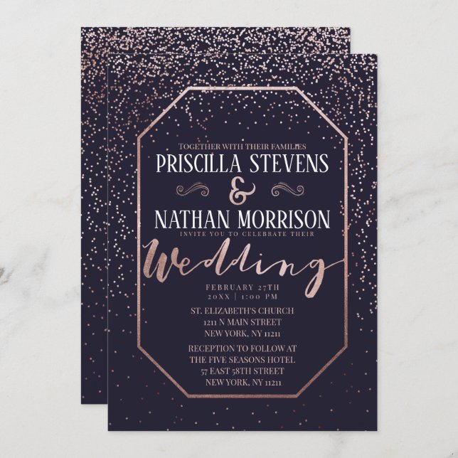 Invitation Luxueux Rose Gold Confetti Mariage bleu marine (Devant / Derrière)