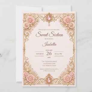 Invitation Luxueux Rose Pâle Or Broderie Anglaise Nœud Douce
