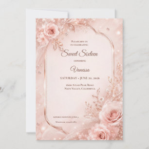 Invitation Luxueux Rose Pâle Or Fleurs Sweet 16