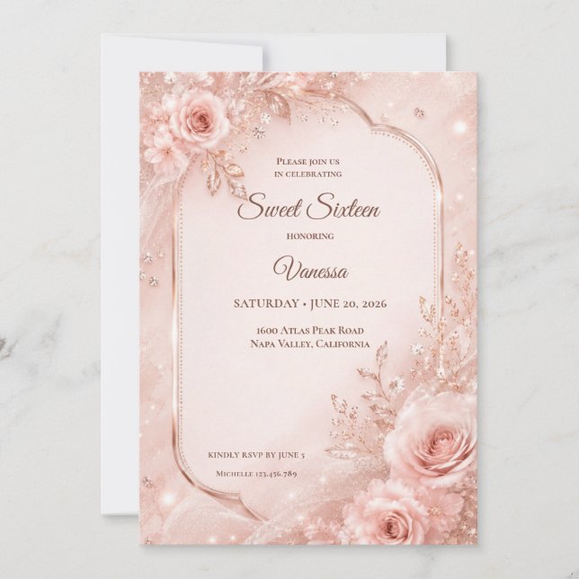 Invitation Luxueux Rose Pâle Or Fleurs Sweet 16 (Devant)