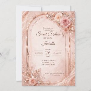 Invitation Luxueux Rose Pâle Or Floral Sweet 16