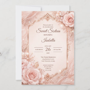 Invitation Luxueux Rose Pâle Or Floral Sweet 16