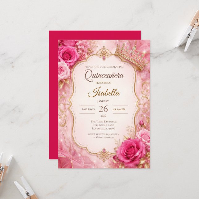 Invitation Luxueux Rose Pâle Or Princesse Quinceañera (Devant/Arrière en situation)
