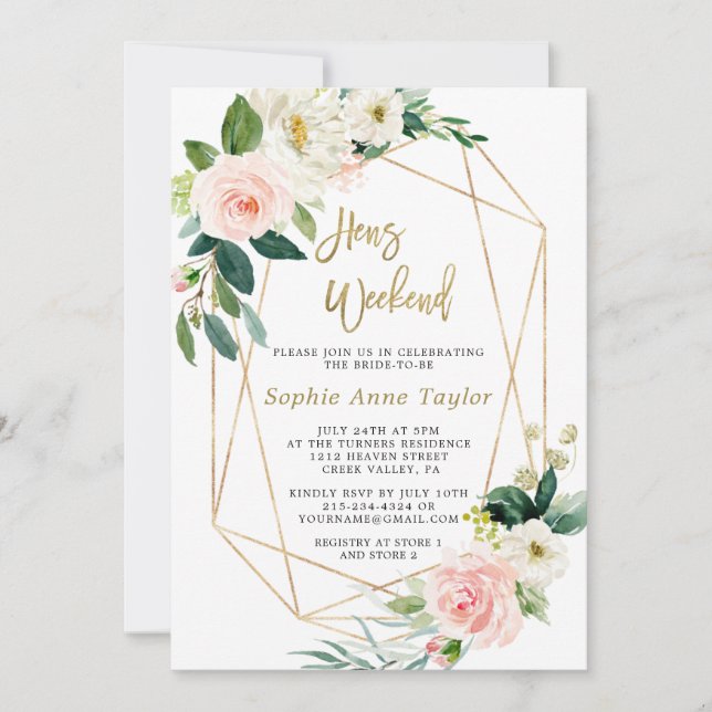 Invitation Luxueux Rose rose Floral Gold Bachelorette Week-en (Devant)