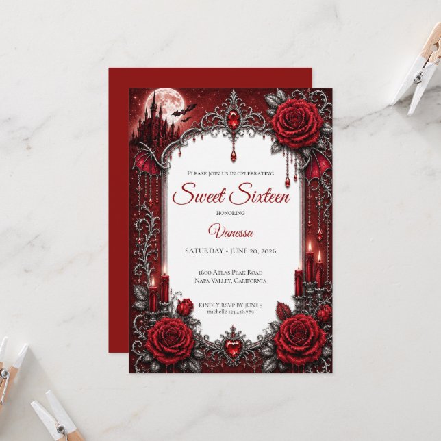 Invitation Luxueux Roses Rouges Sweet 16 (Devant/Arrière en situation)