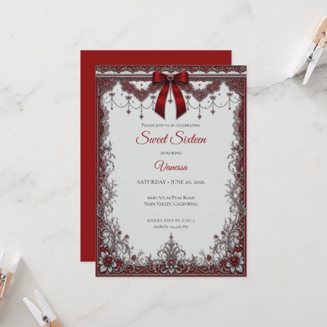 Invitation Luxueux Rouge Arc d'Argent Douze Ans (Devant/Arrière en situation)
