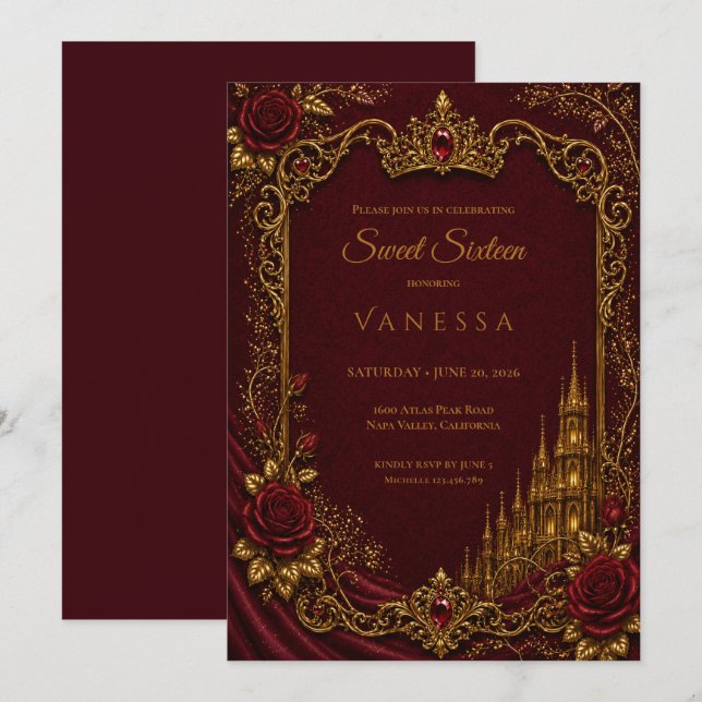 Invitation Luxueux Rouge & Or Princesse Sweet 16 (Devant / Derrière)