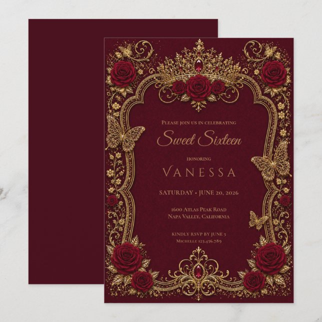 Invitation Luxueux Rouge & Or Princesse Sweet 16 (Devant / Derrière)