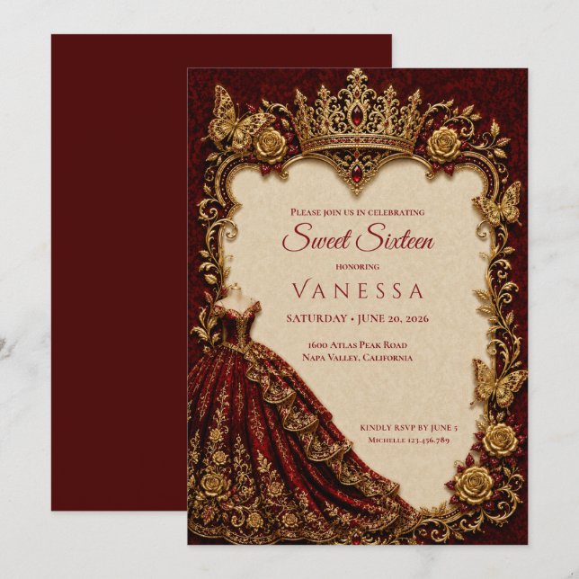 Invitation Luxueux Rouge & Or Princesse Sweet 16 (Devant / Derrière)
