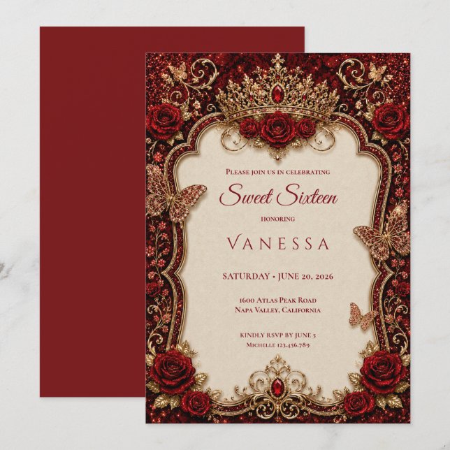 Invitation Luxueux Rouge & Or Princesse Sweet 16 (Devant / Derrière)