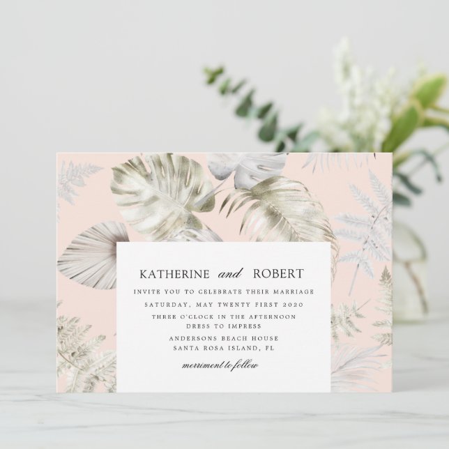 Invitation Luxueux Silver Tropical Foliage Mariage (Debout devant)